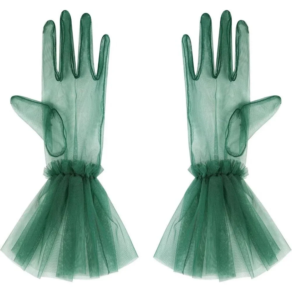 Women's Puffy Ruffle Green Tulle Sheer Mesh Party Prom One Size Short Gloves
